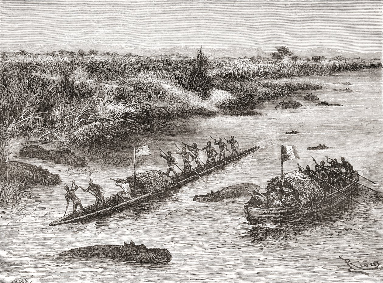 French and British explorers hunting hippopotamus on the Congo River in the 19th century by Spanish School