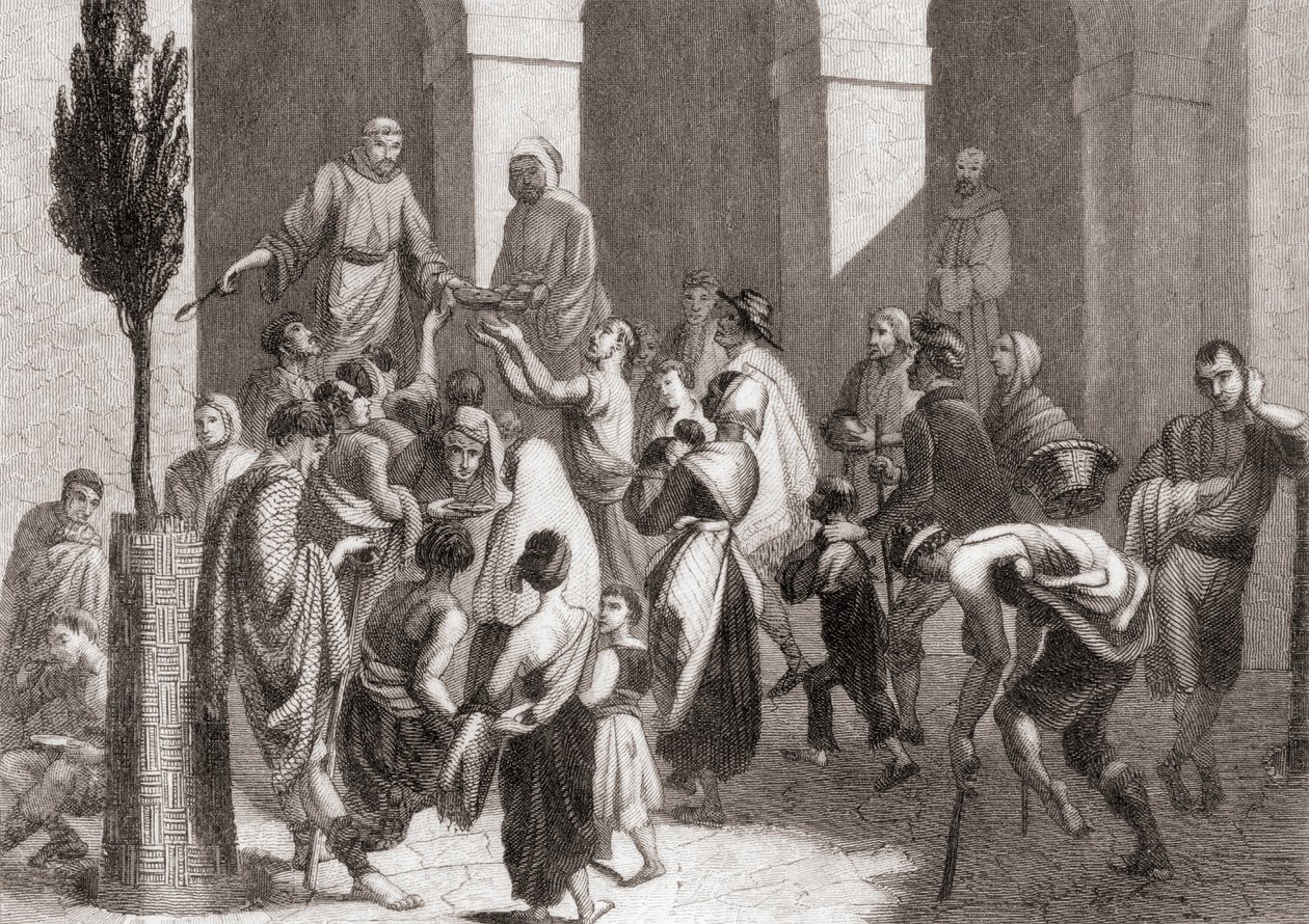 Giving out soup to the poor from the Convent of Santa Madrona, Barcelona, Spain by Spanish School