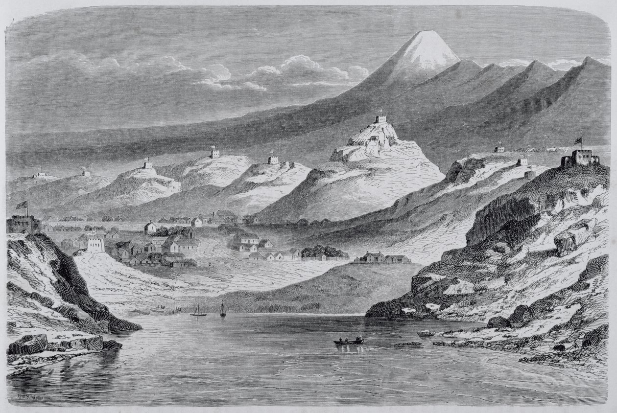 View of New Plymouth and Mount Egmont, Illustration from The Return to the World by Spanish School