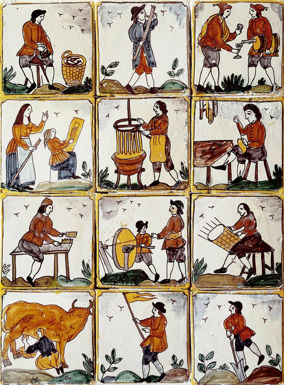 Artisanal Trades: Shoemaker, Cooper, Wicker Basket Manufacturer, Winemaker, Drawing Lesson, Musician, Cow Milking, Sharpener, Farmer, Cabinetmaker by Spanish School