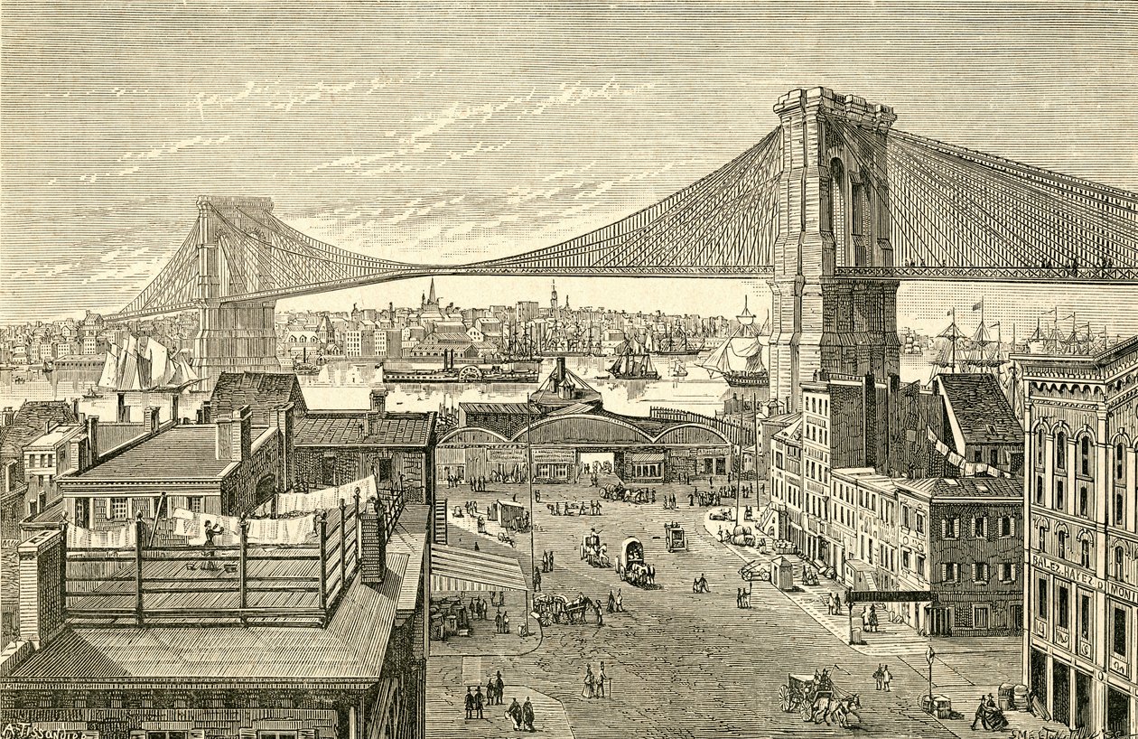Brooklyn Bridge, New York, United States of America in the 19th century. From El Museo Popular published Madrid by Spanish School