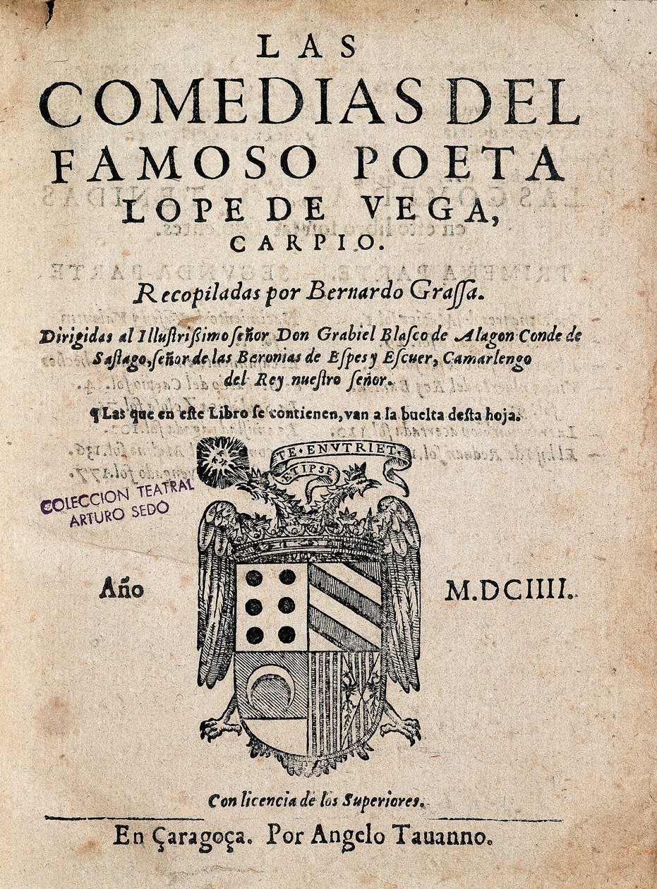 Cover of Las comedias del famoso poeta Lope de Vega, by Felix Lope de Vega Carpio, Edition of 1604 by Spanish School