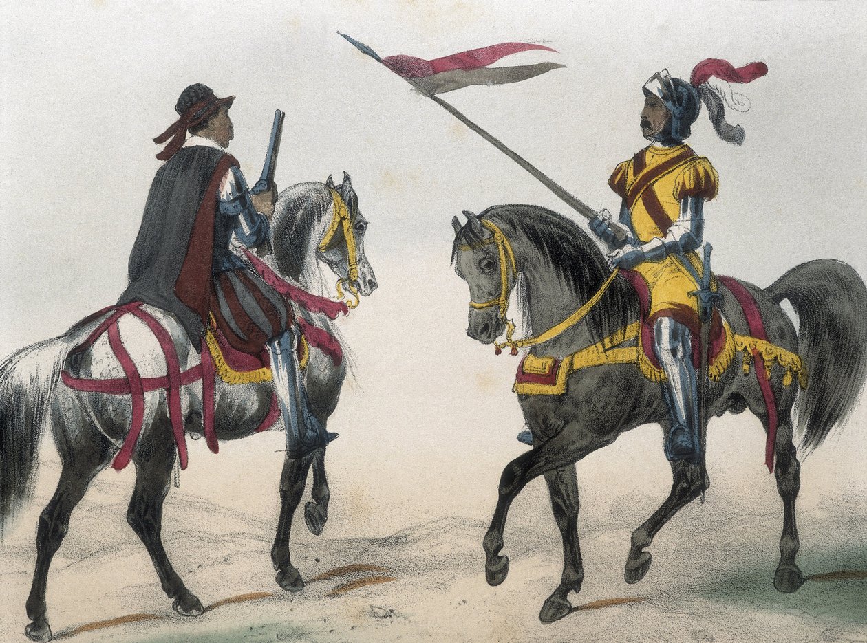 Cavalrymen during the reign of Phillip II of Spain. “Heraldo de caballeria” (herald of arms) and “hombre de armas” (man-at-arms) by Spanish School