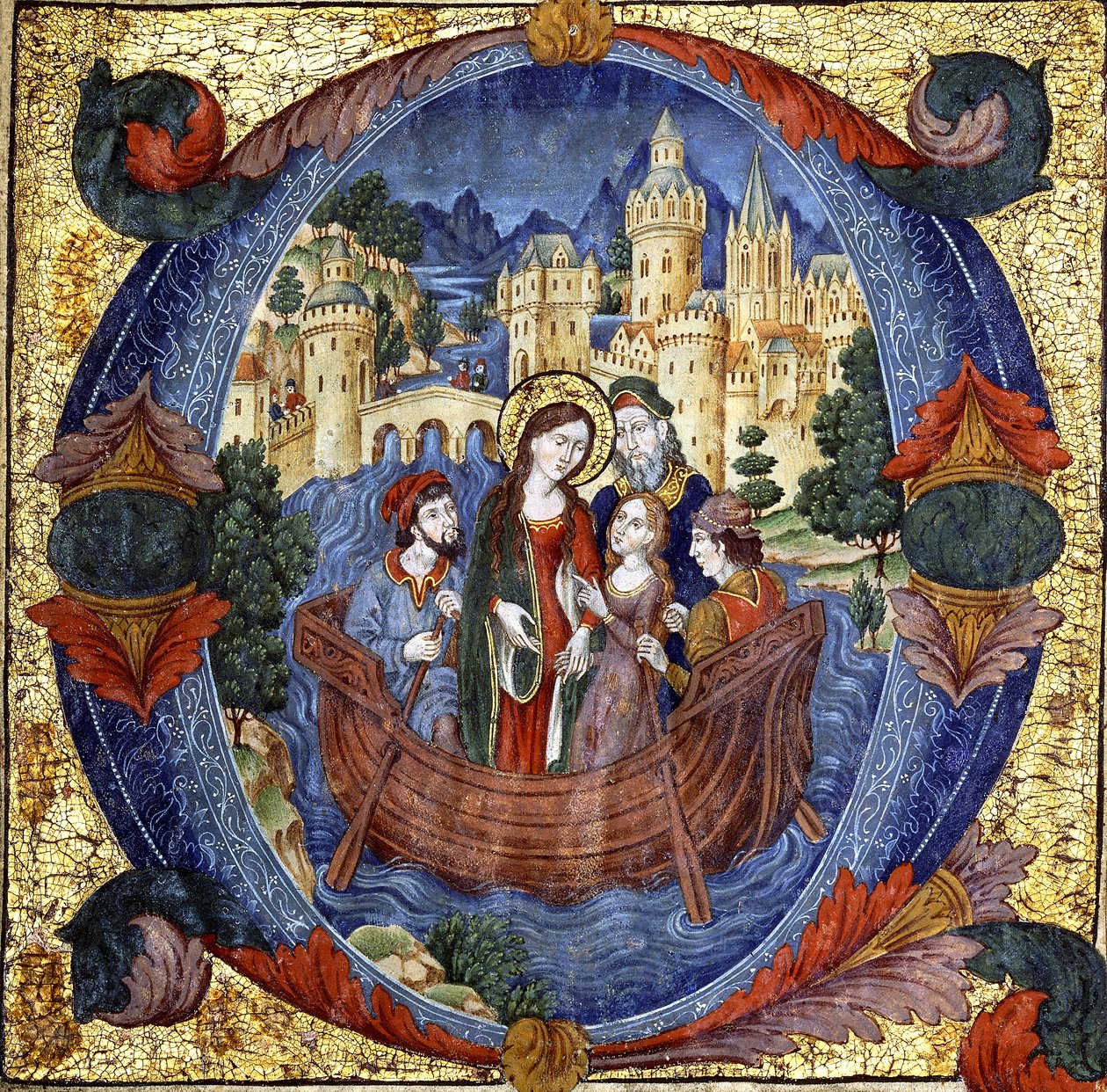 Female Saint in a Boat with a Courtly Couple and Two Boatmen, within a Large Historiated Initial 