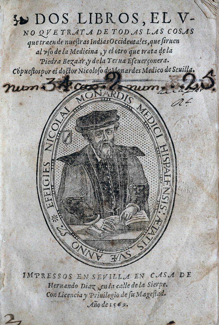 Frontispiece with the Portrait of Nicolas Monardes of a Medicine Book from the Islands of the Spanish Caribbean and Uses of the Bezoar by Spanish School