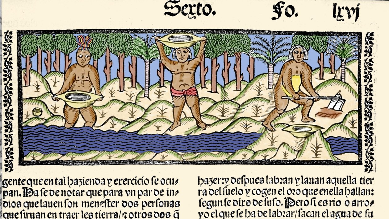 Gold mining: indigenous people sift the river in search of gold. Engraving from the book 