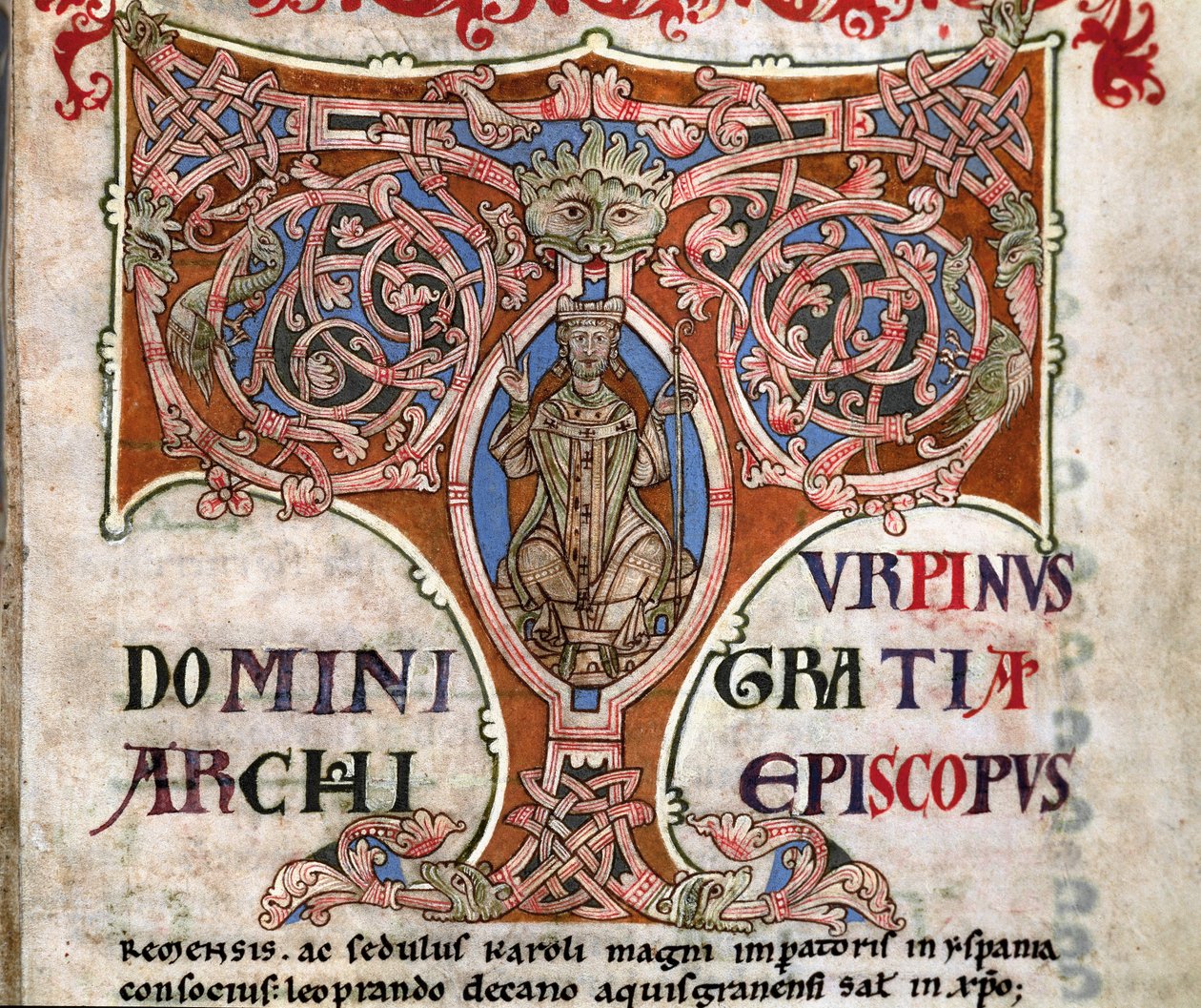 Initial T with a depiction of Charlemagne, illustration from the Codex Calixtinus by Spanish School