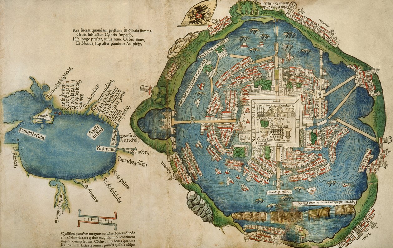 Map of Tenochtitlan and the Gulf of Mexico, from Praeclara Ferdinadi Cortesii de Nova maris Oceani Hyspania Narratio by Hernando Cortes (1485-1547) 1524 by Spanish School