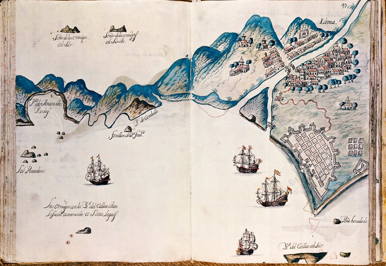 Map of part of New Spain, the coast of Peru and the city of Lima, from "Mapas de las costas de América en el mar del Sur, desde la última población de españoles en ellas, que es la ciudad de Compostela, en adelante" by Spanish School