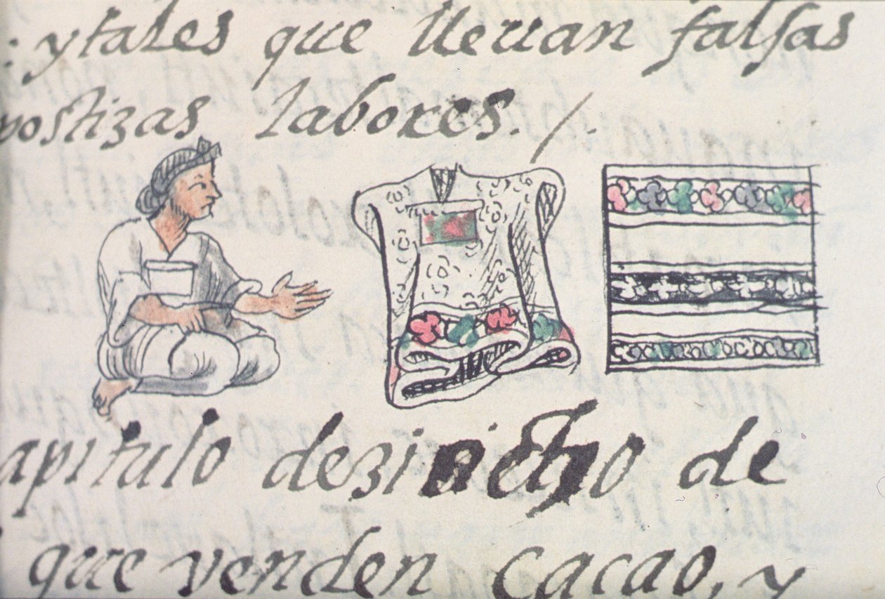 An Aztec Merchant Selling Cloaks, from the Florentine Codex by Bernardino de Sahagun, c.1540-85 by Spanish School