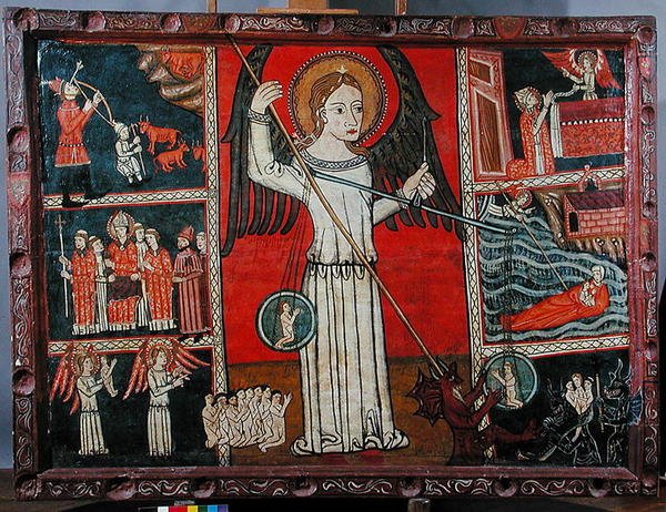 Saint Michael defeating the devil portrayed as a dragon and weighing souls in a pair of scales by Spanish School