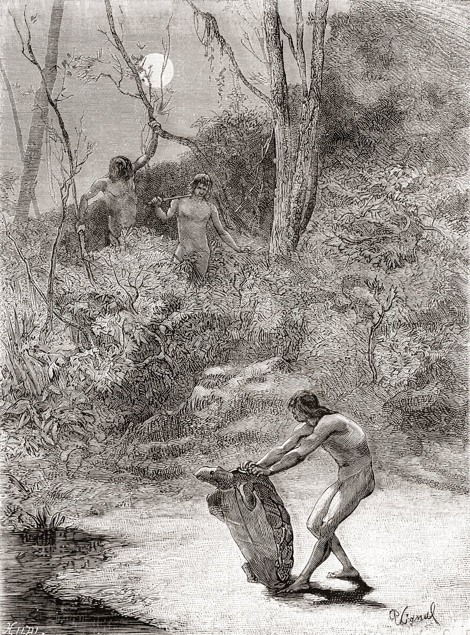 Sunos Indians hunting freshwater turtles in the Napo River, Ecuador by Spanish School