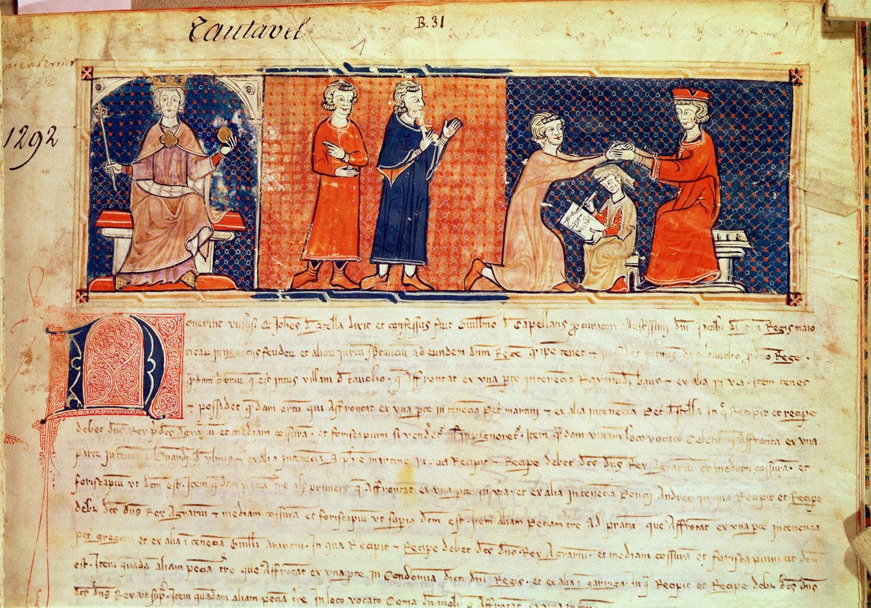 The feudal lord preaching his sermon before the King of Majorca, James I from the Capbreu de Clayra et de Millas, 1292 by Spanish School