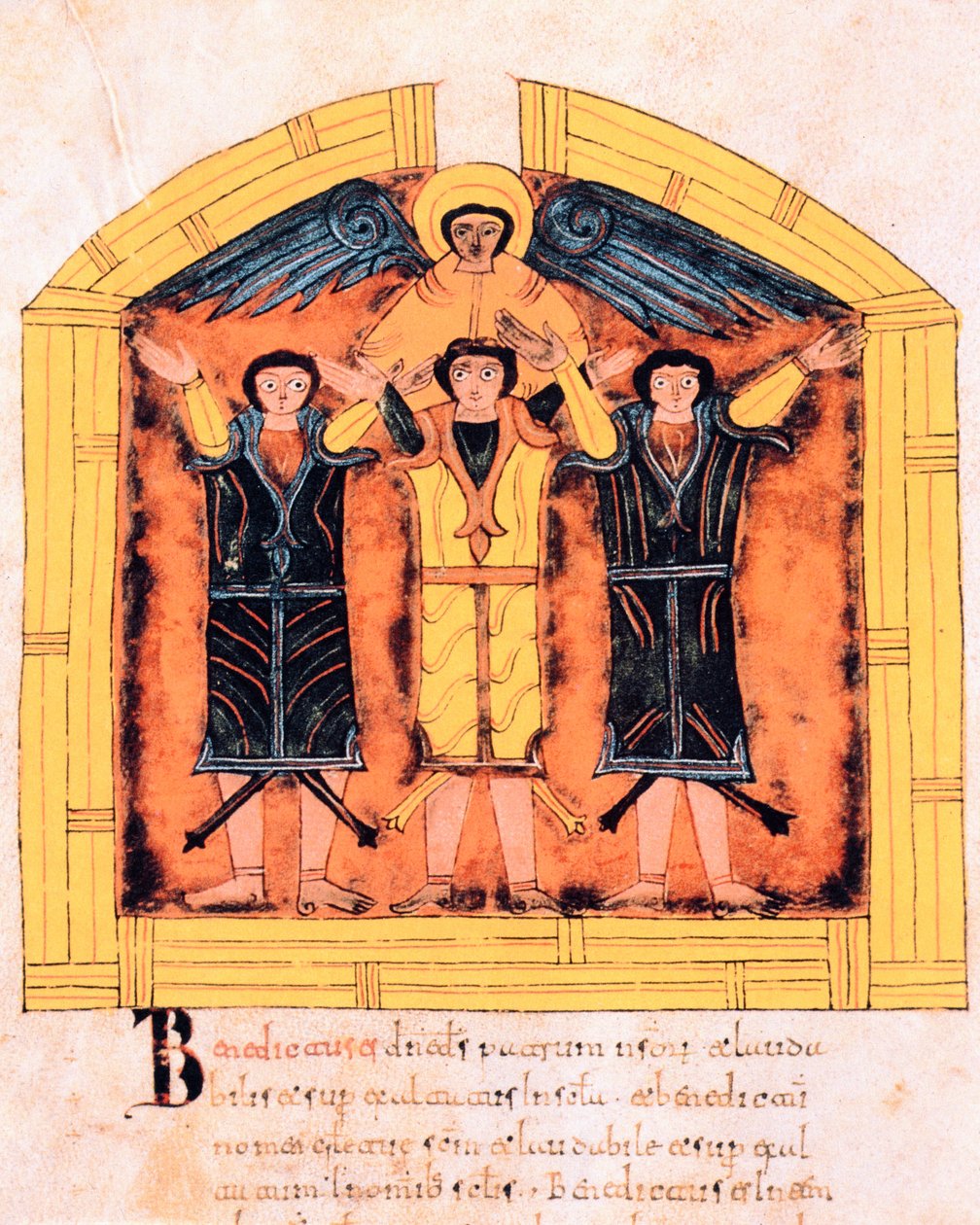 The three Hebrews, Shadrach, Meshach, and Abed-nego cast into the furnace by Nebuchadnezzar, from the Visigothic-Mozarabic Bible of St. Isidore