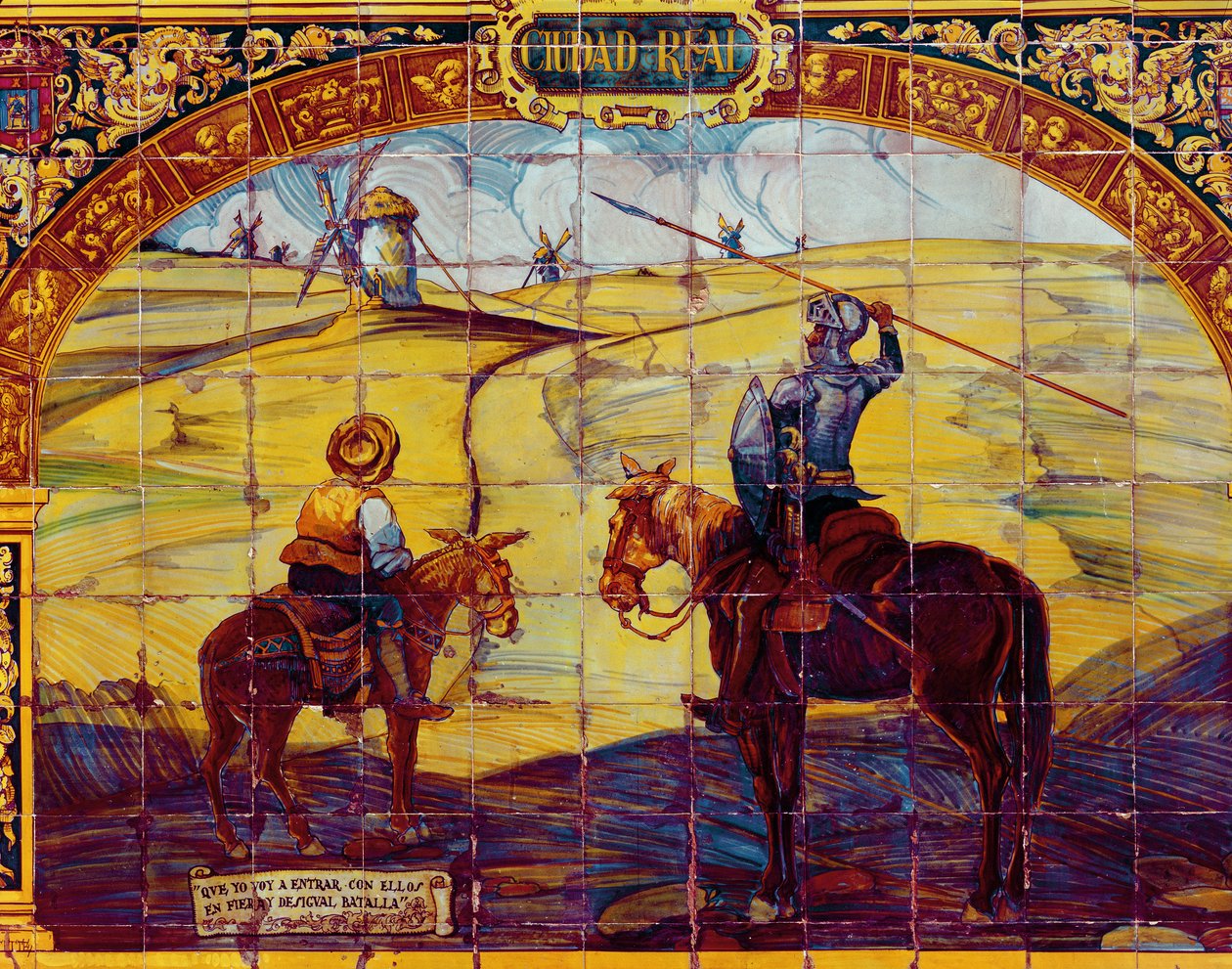 Tiles Depicting Don Quixote and Sancho Panza Preparing to Attack the Windmills by Spanish School