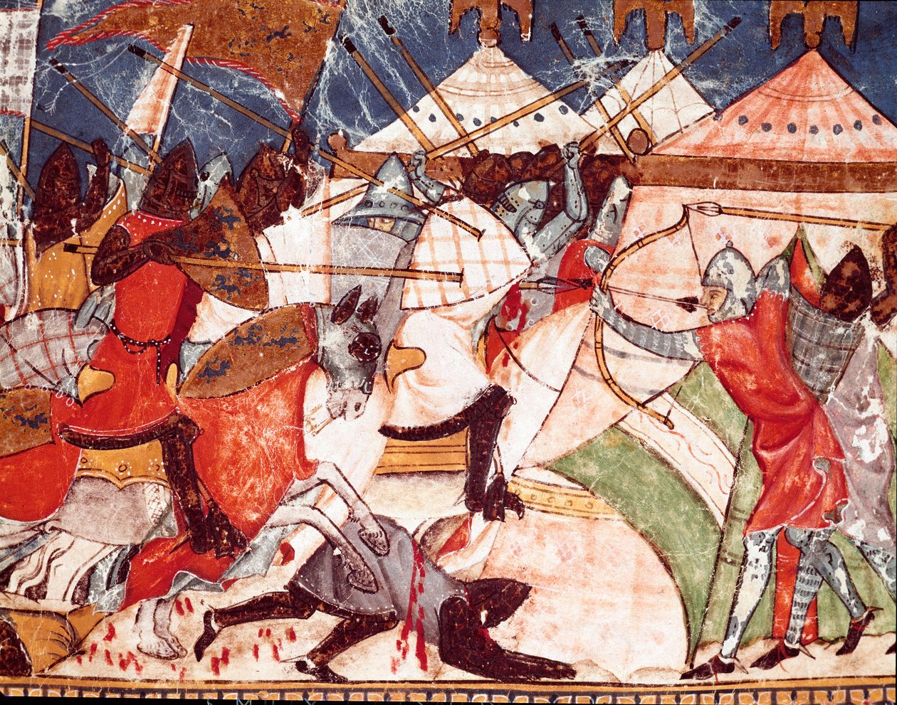 Trojan War: Trojans invade the military camp of Greek warriors. (detail) of a miniature from the Spanish manuscript 