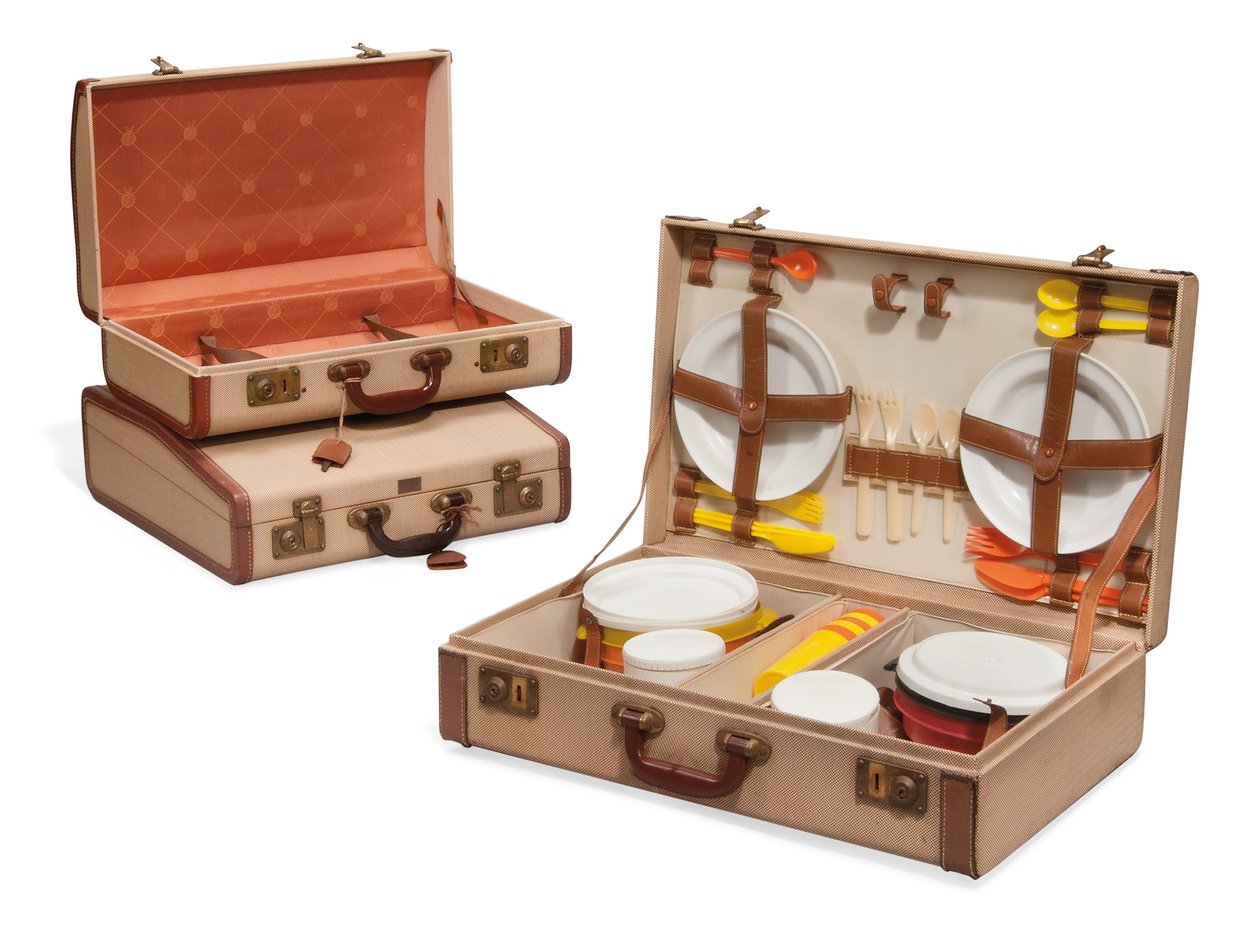 Two suitcases and a picnic hamper, Loewe, mid-20th century by Spanish School