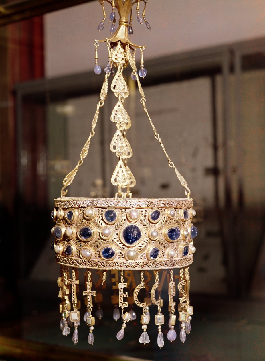 Votive crown of King Recesvinth (r.652-72) from the Treasure of Guarrazar, c.670 by Spanish School