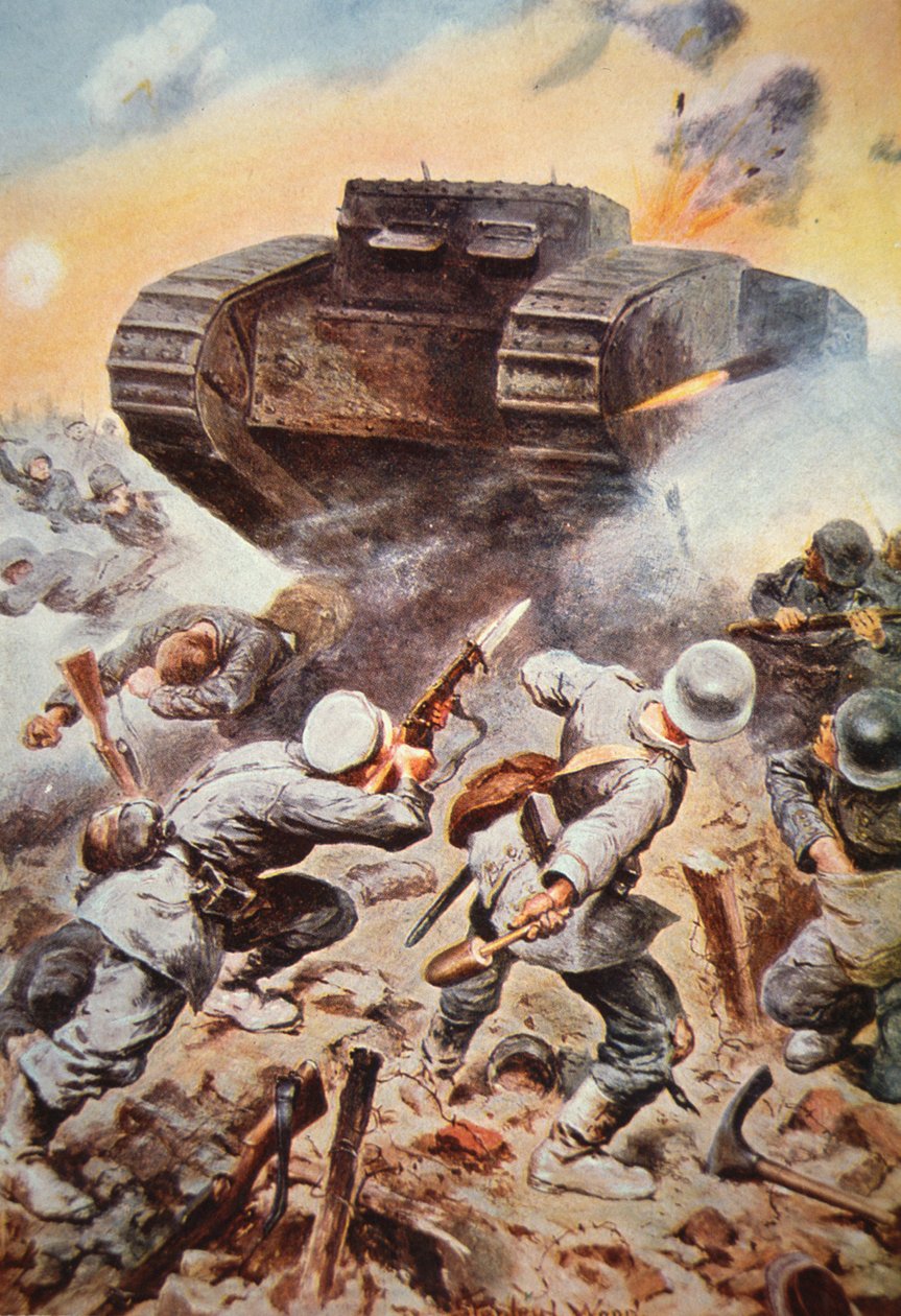 British tank in action against Germans on the Western Front in WWI by Stanley L. (after) Wood