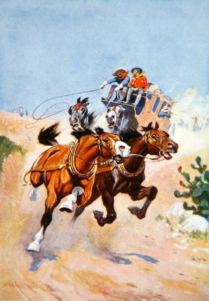 Stagecoach pursued by Indians by Stanley L. Wood