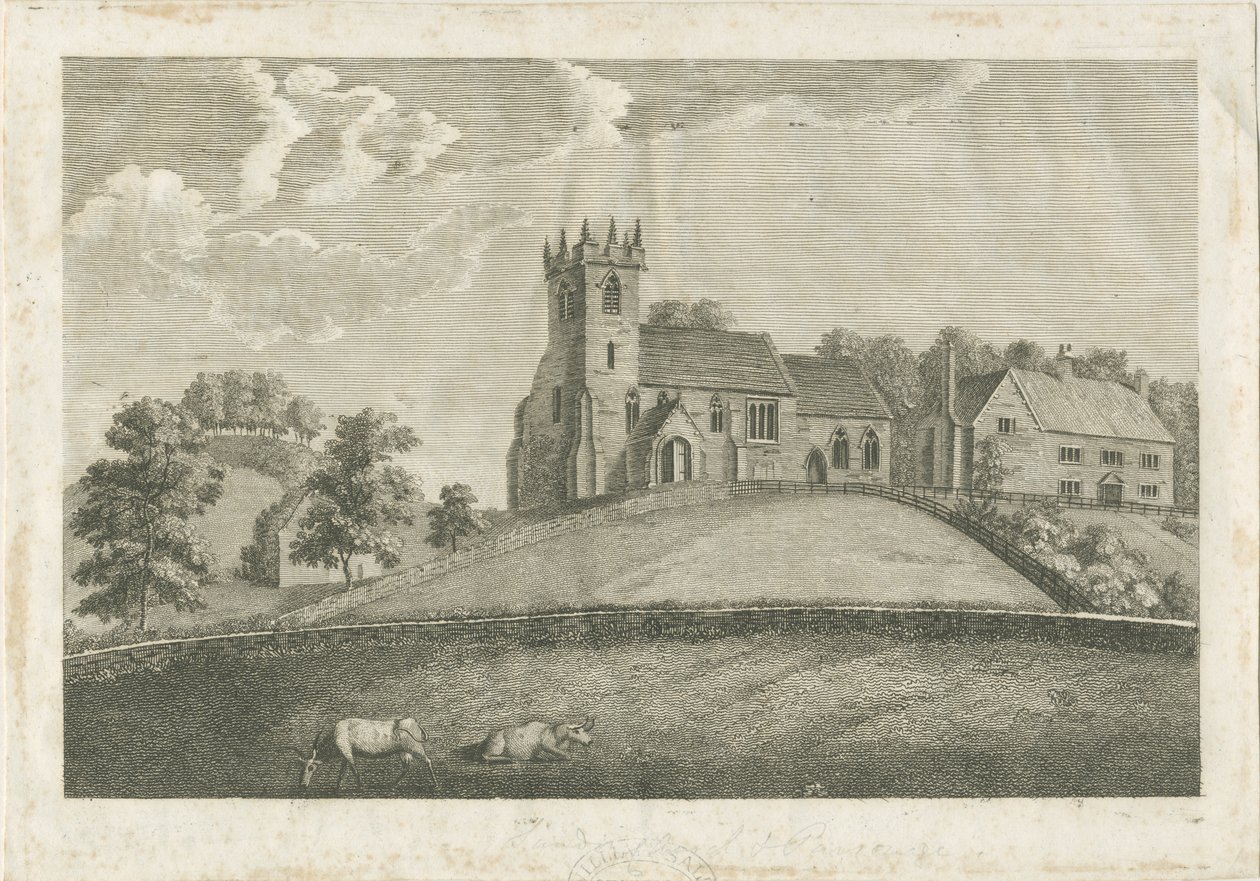 Sandon Church and Parsonage: Engraving by Stebbing Shaw