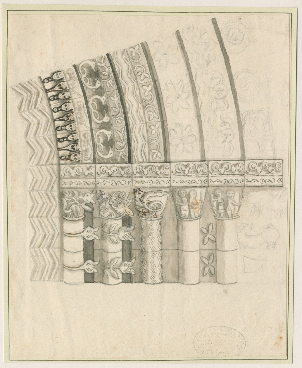 Tutbury Priory Church - West Doorway: Pen and Sepia Drawing (1762-1802) by Stebbing Shaw