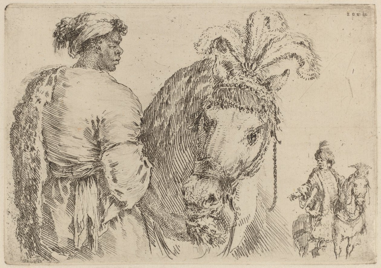 A Black Man Feeding a Horse by Stefano della Bella