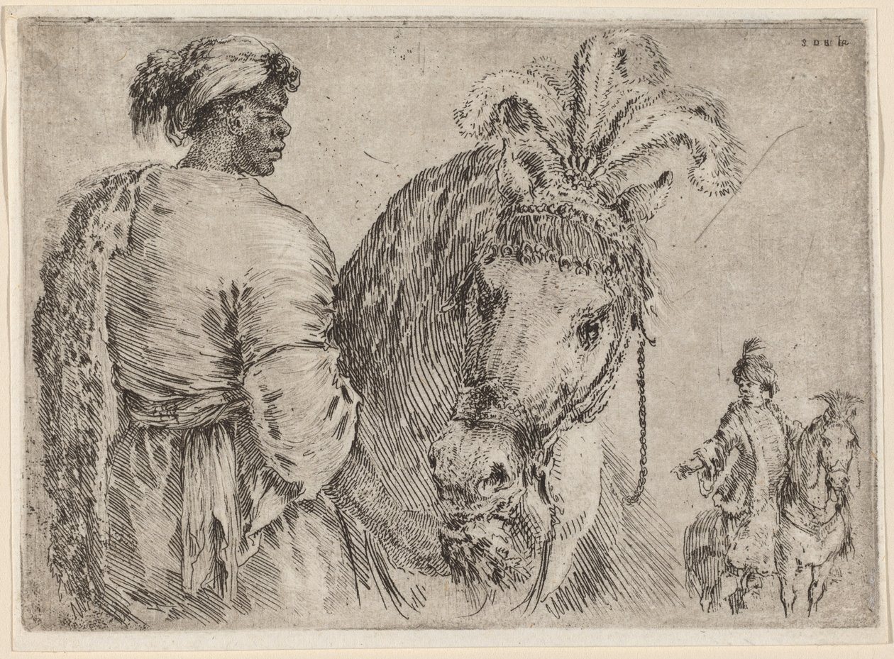 A Black Man Feeding a Horse by Stefano della Bella