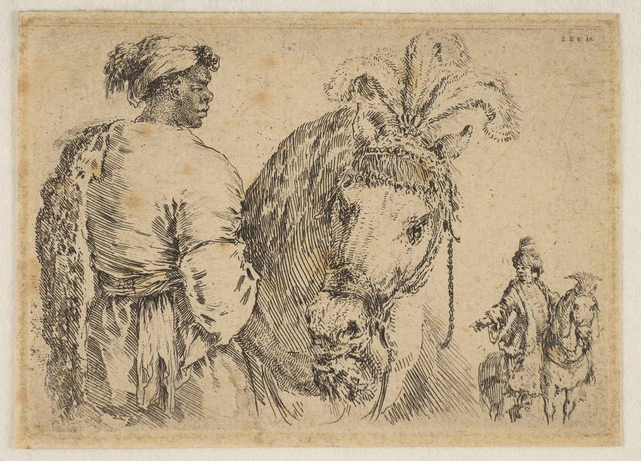 A Black Man Feeding a Horse by Stefano della Bella