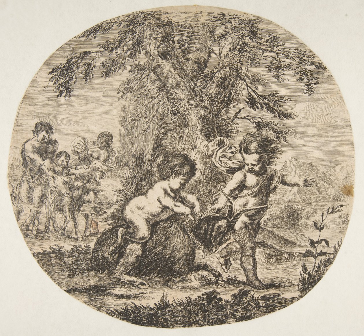 A Child and a Satyr Child Playing with a Goat by Stefano della Bella