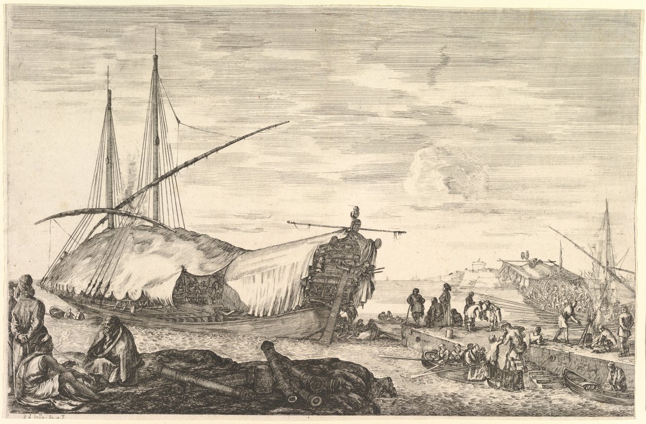 A galley covered in sails to left, six cannons and four people to left in foreground by Stefano della Bella