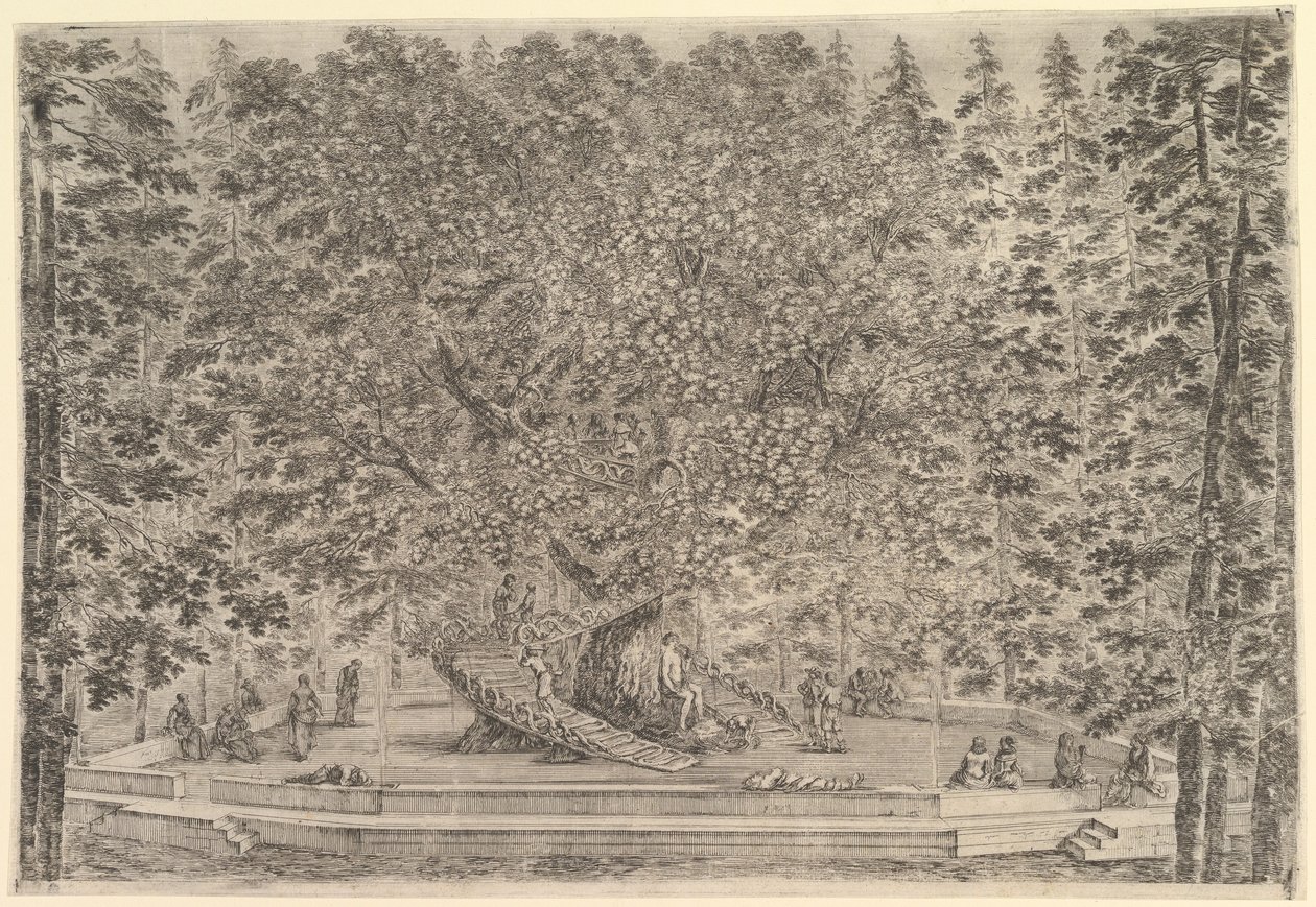 A Large Inhabited Tree in Center with Ramps Leading Around the Trunk by Stefano della Bella