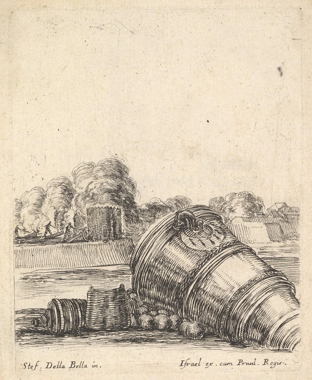 A Mortar Without a Carriage Lying on the Ground to the Right, Soldiers Firing Cannon by Stefano della Bella
