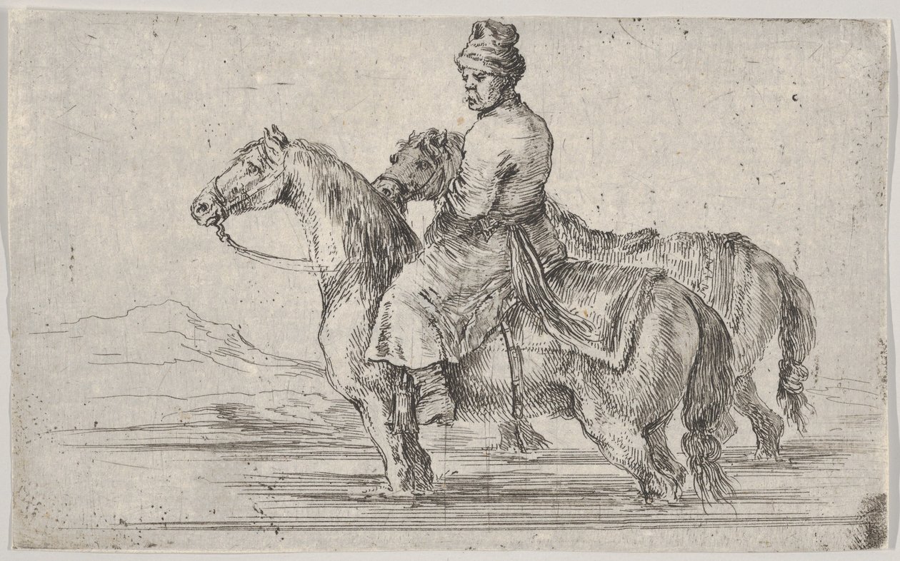 A Valet Taking Two Horses to Bathe, Sitting Atop One Horse in a River, the Other Beside by Stefano della Bella