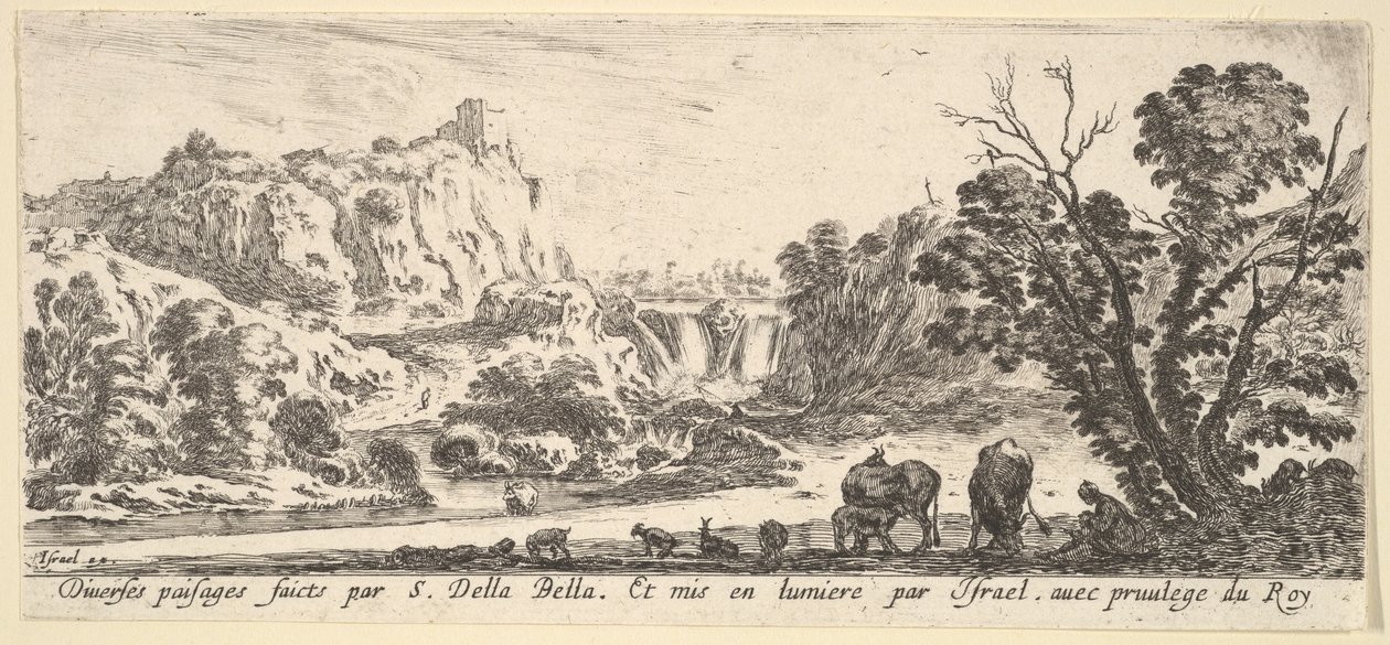 A waterfall descending from the mountains in the center background, various animals by Stefano della Bella