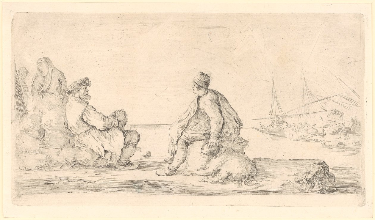 Old and Young Sailor Sitting by the Seashore by Stefano della Bella