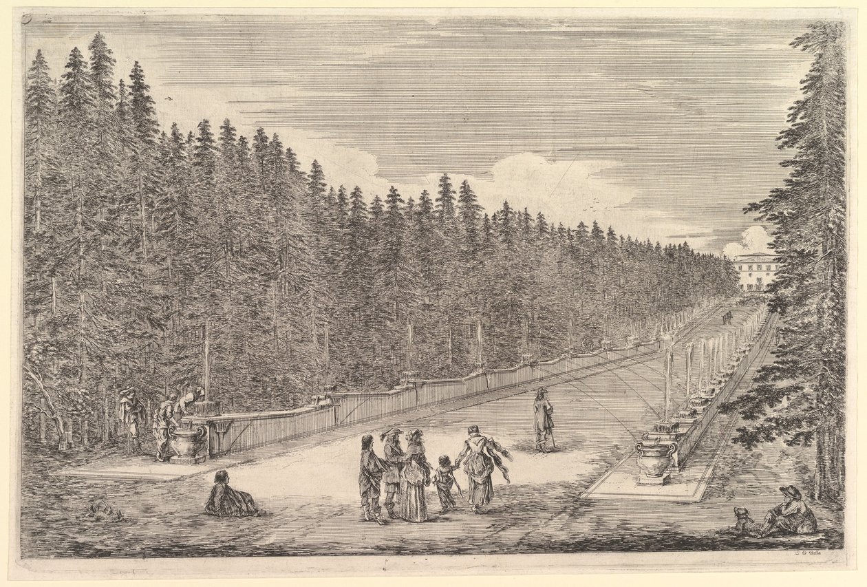 An Alley of Fountains, a Group of People, from "Views of the Villa at Pratolino" by Stefano della Bella