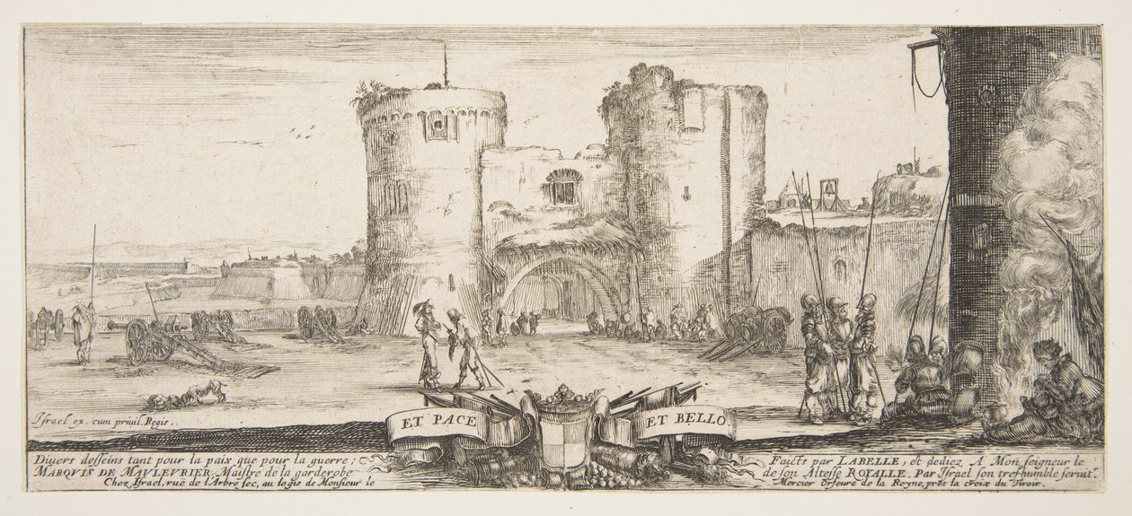 An Entrance to a Fortress in Center, a Woman with Child Seated by a Fire to Right by Stefano della Bella