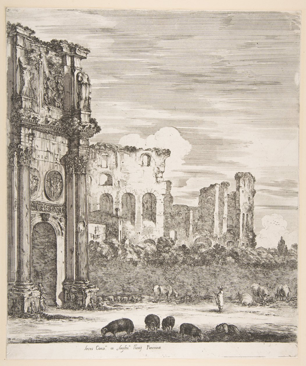 Arch of Constantine and Colosseum with Sheep Grazing in Foreground, from "Six Large Views, Four of Rome, and Two of the Roman Countryside" by Stefano della Bella