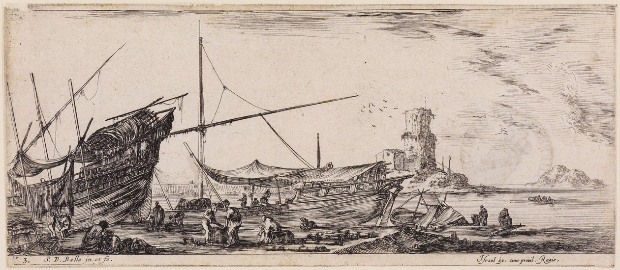 Loading of Various Ships: Workers in a Port and Six Cannon Barrels by Stefano della Bella