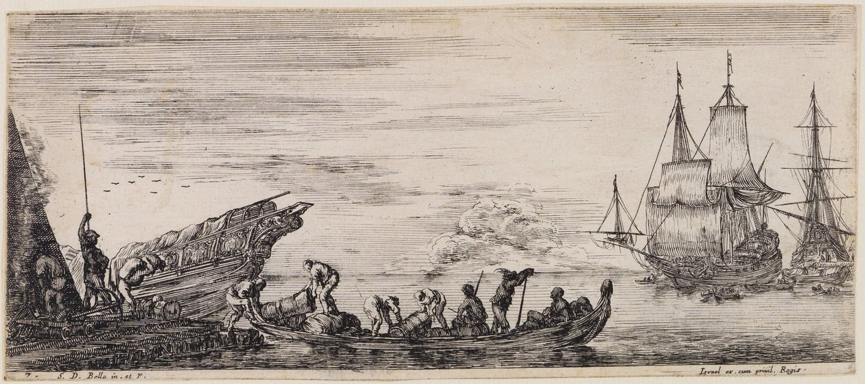 Loading of Various Ships: At left, a loading quay with a guard post and dockworkers unloading a boat by Stefano della Bella