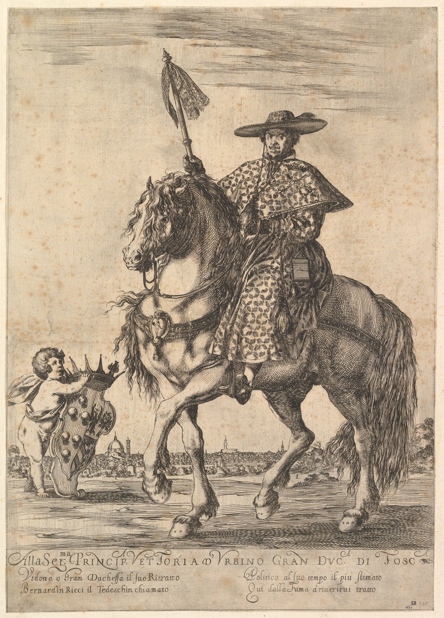 Bernardino Ricci, called il Tedeschino, atop a horse in center, riding towards the left by Stefano della Bella