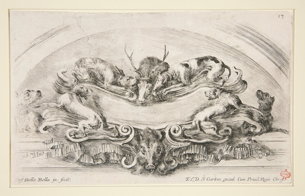 Cartouche with Dogs, Stag and Head of Boar by Stefano della Bella