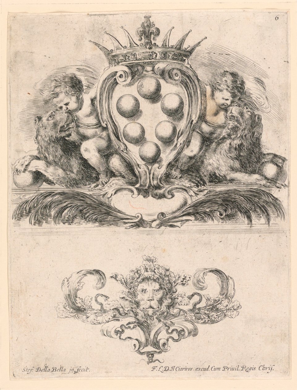 Coat of Arms of the Grand Duke of Tuscany: Ornament with a Lion Mask, No. 6 from "Raccolta di varii cappriccii et nove inventioni di cartelle et ornamenti" by Stefano della Bella