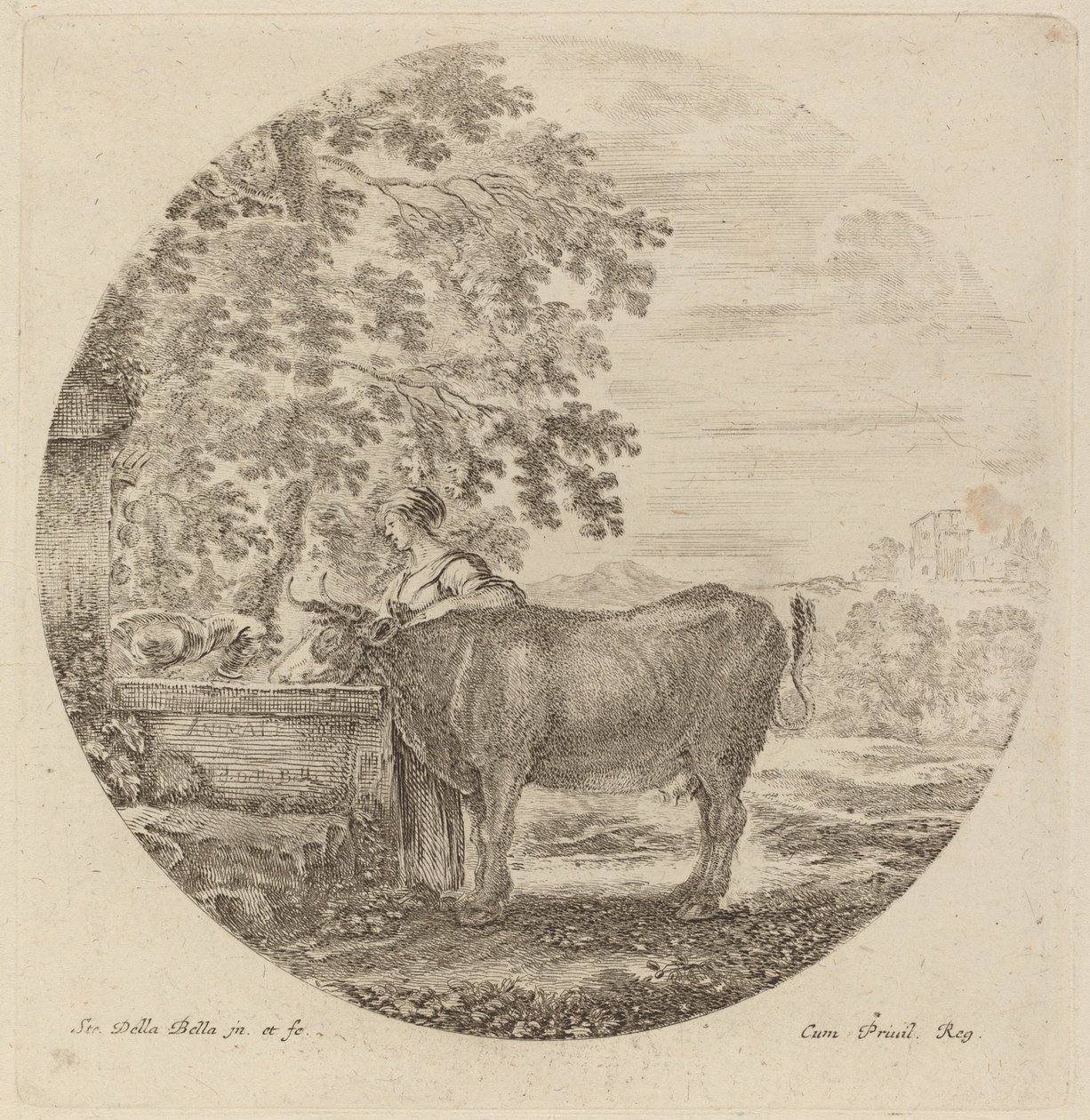 Cow and Young Shepherd at a Fountain by Stefano della Bella
