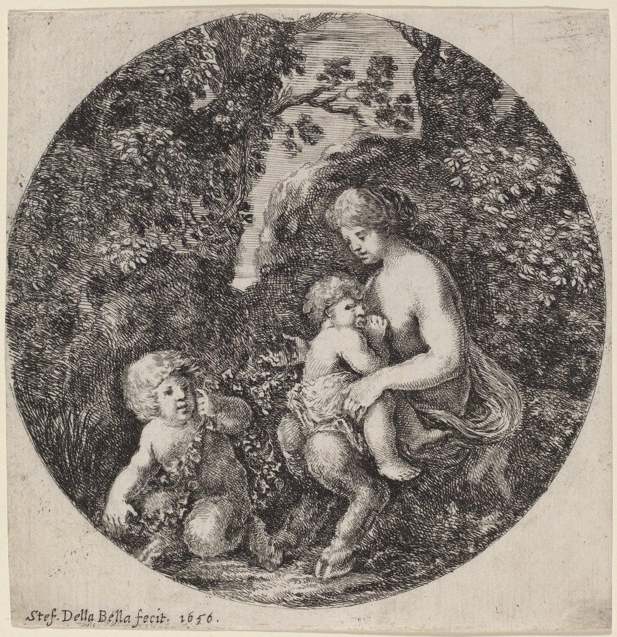 Female Satyr Nursing a Child in a Wooded Landscape by Stefano della Bella