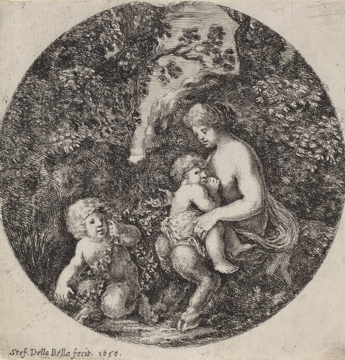 Female Satyr Nursing a Child in a Wooded Landscape by Stefano della Bella