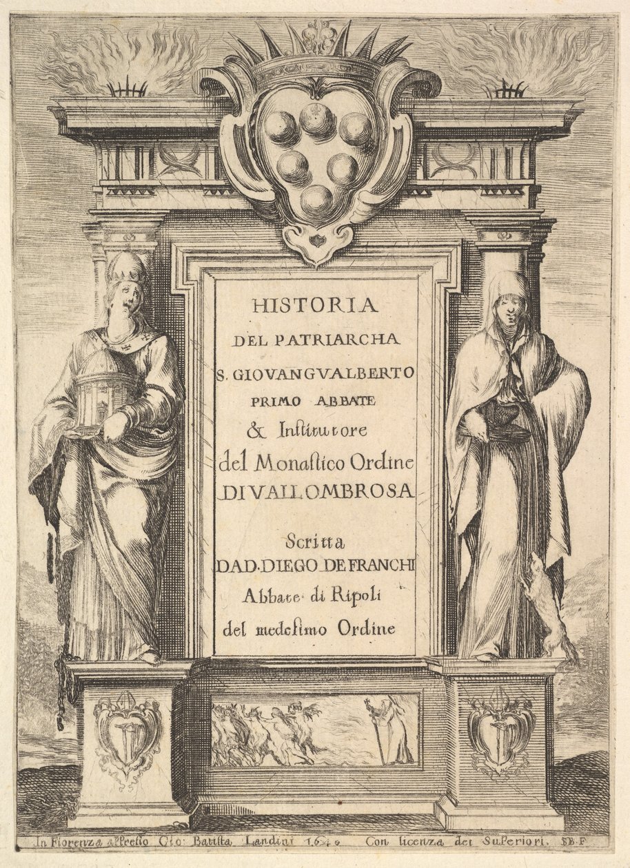 Frontispiece: a monument decorated with the Medici coat of arms at top in center, flames by Stefano della Bella