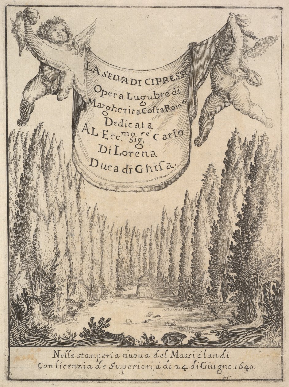 Frontispiece for The Cypress Forest La selva di cipressi: two putti hold a tapestry, 1640 by Stefano della Bella