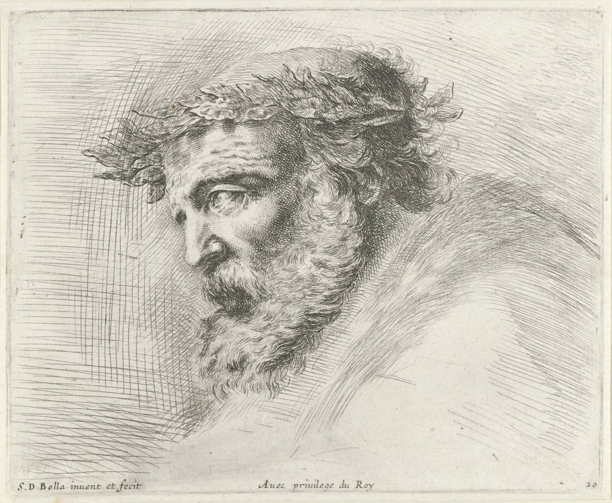Head of an old man with beard and laurel wreath, in profile to the left by Stefano della Bella
